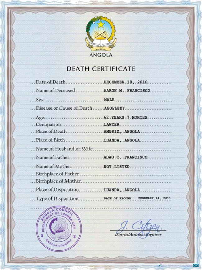 Download Angola vital record death certificate PSD template Photoshop template